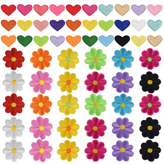 60pcs Iron On Patches Cute Mini Heart Iron-on sew-on Patches Flower Embroidered Applique Decoration Patches for Clothing Jackets Backpacks Jeans Hats Bags Multi-Colored DIY Accessory