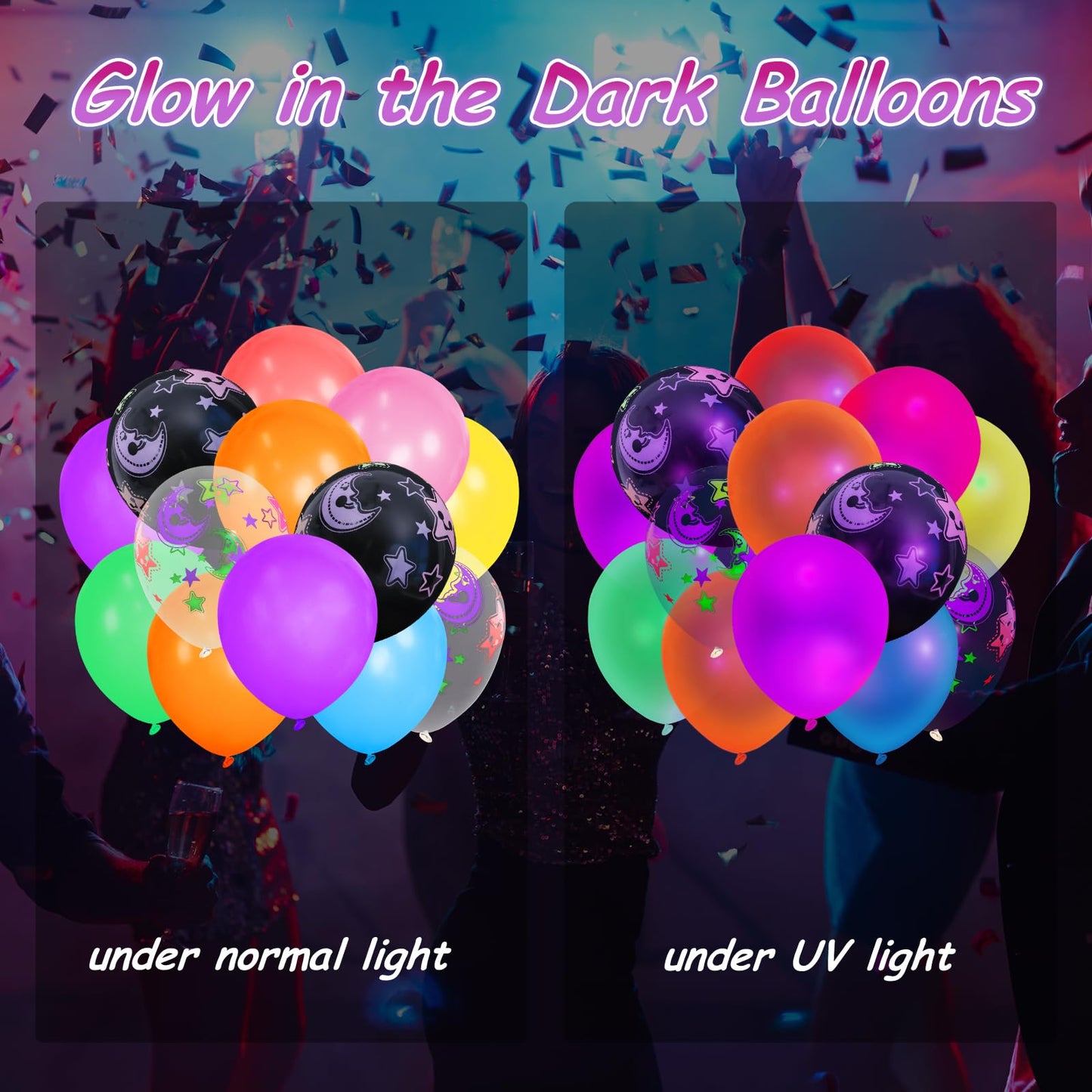 66PCS Glow Balloons Assorted, 12"" UV Neon Party Latex Balloons Moon Stars Fluorescent Balloons for Birthday Wedding Glow Party Supplies, Medium