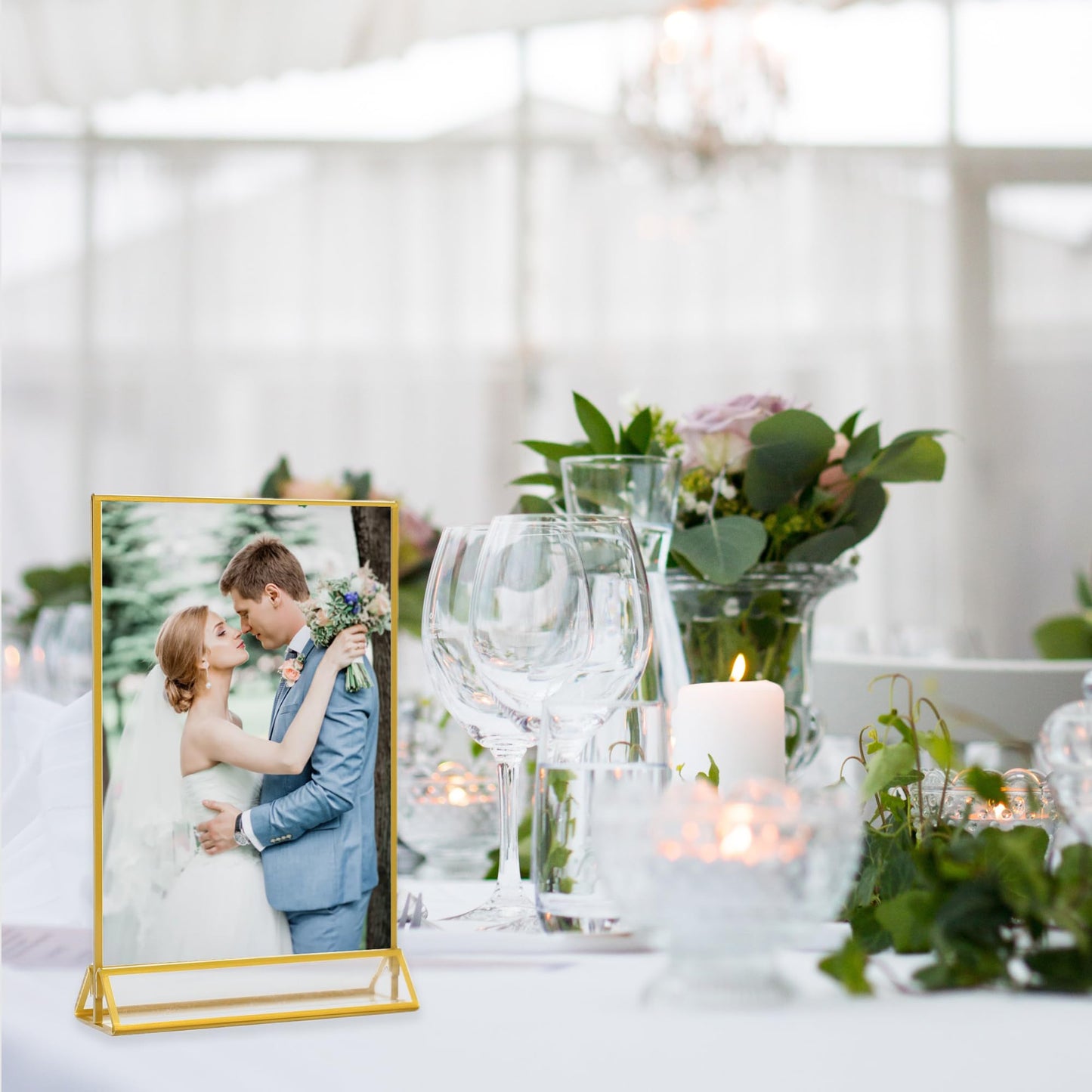4x6 Acrylic Sign Holders 8 Pack Gold Table Number Holder for Wedding Picture Frame Double Sided Table Menu Stands with Vertical Stand, Photos and Art Display