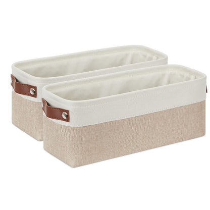 2-Pack Bathroom Baskets for Toilet, Small Storage Bins for Organizing Closets, Cabinets, Shelves, Canvas Fabric Storage Basket Bins With Leather Handles for Empty Gift Basket (White&Khaki)