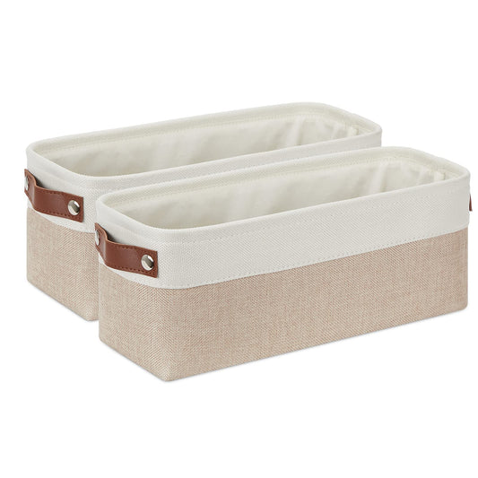 2-Pack Bathroom Baskets for Toilet, Small Storage Bins for Organizing Closets, Cabinets, Shelves, Canvas Fabric Storage Basket Bins With Leather Handles for Empty Gift Basket (White&Khaki)