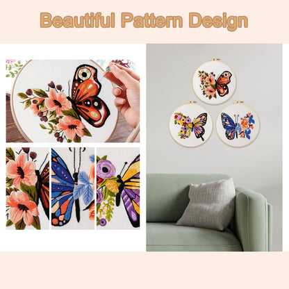3 Sets Butterfly Embroidery Kit for Beginners Adults, Stamped Cross Stitch Kits for Beginners Include Embroidery Fabric Embroidery Hoop Threads and Needles