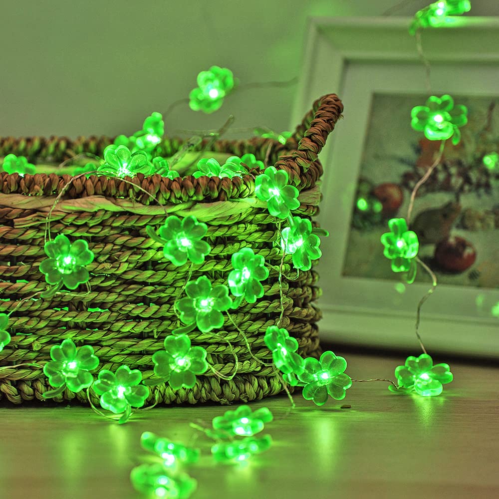 St Patricks Day Decorations Shamrocks String Lights Battery Operated with Remote 10 ft 40 LEDs Lucky Clover Green Lights for Bedroom Party Feast of Saint St. Patrick's Day Decoration
