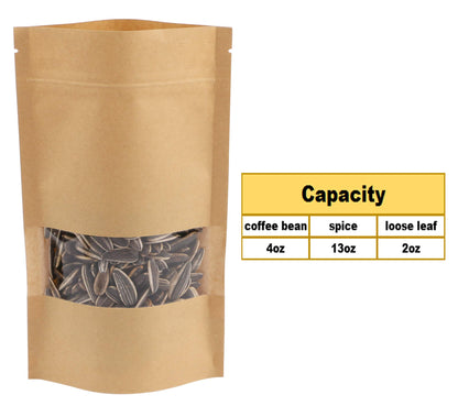 Stand Up Pouches 100pcs, 7.8''×4.6'' Resealable Bags for Small Business, Resealable Kraft Paper Bags with Window, Paper Bakery Bag for Small Business, Family, Company