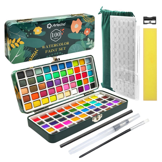 Watercolor Paint Set 100 Colors with Metallic in Portable Box, Paint Kit with Watercolor Papers and Brushes, Water Color Set for Beginners & Professionals