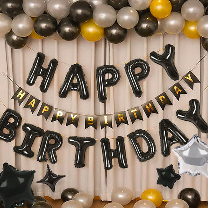 Happy Birthday Banner 13pcs 16 Inch Mylar Foil Letters with 12pcs Star Balloons Birthday Party Decorations for Kids and Adults - 3D Black
