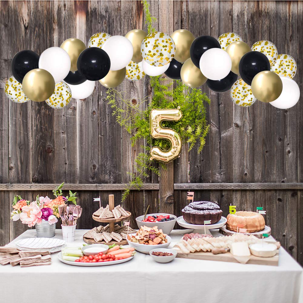 Black and Gold Confetti Balloons, 50 Pack 12inch White Latex Party Balloon Set with Gold Ribbon for New Year Graduation Birthday Baby Shower Decorations