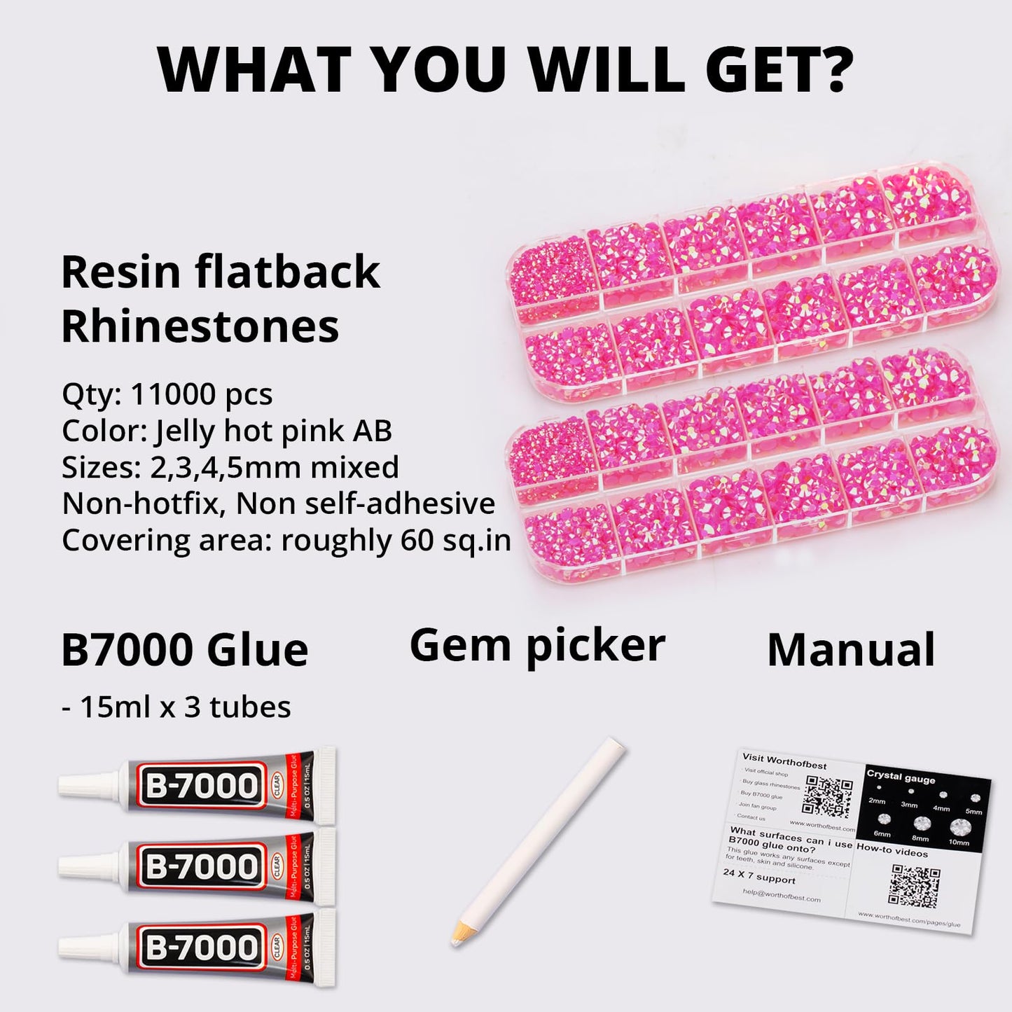 11000Pcs Jelly Hot Pink AB Rhinestones with b7000 Glue for Crafts Clothing Clothes Fabric Tumblers, Bright Pink Gems Resin Flatback Rhinestones for Shoes Nails, Flat Back Bedazzler Kit ss 6-ss 20