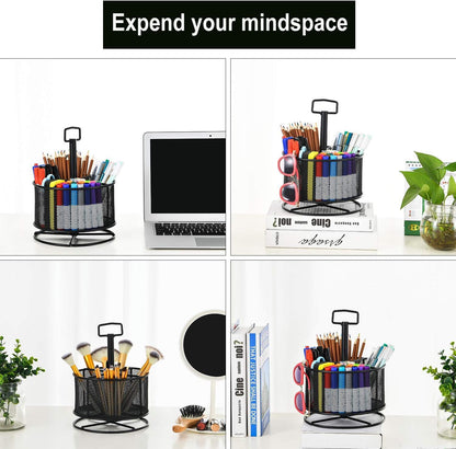 Mesh Desk Organizer, 360-Degree Rotating Multi-Functional Pen Holder, 4 Compartments Desktop Stationary Organizer, Home Office Art Supply Storage Box Caddy (Black)