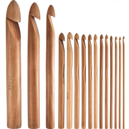 15 Pieces Wooden Bamboo Crochet Hooks Set 3 to 25 mm in Diameters Handcrafted Knitting Needles Weave Yarn Craft