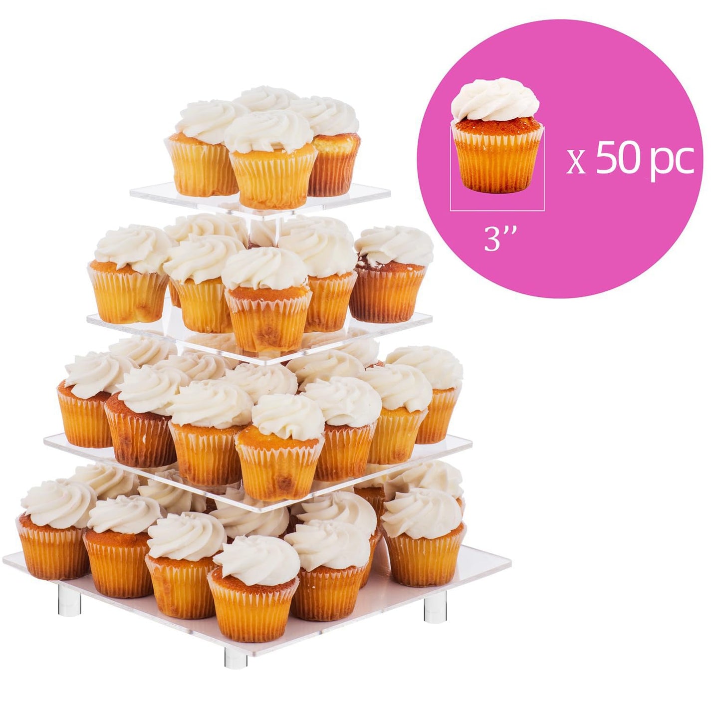 Large 4 Tier Square Acrylic Cupcake Tower Stand for Dessert, Pastry, Serving Platter-Candy Bar Party Décor and Supply(with Rod Feet) (4SF-V2)