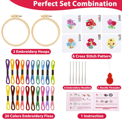 6PCS Spring Summer Themed Flower Cross Stitch Kits for Beginners DIY Embroidery Kit for Kids Adults Mother's Day Gift Birthday Gift Needlepoint Patterns with 2 Embroidery Hoops Craft Supplies