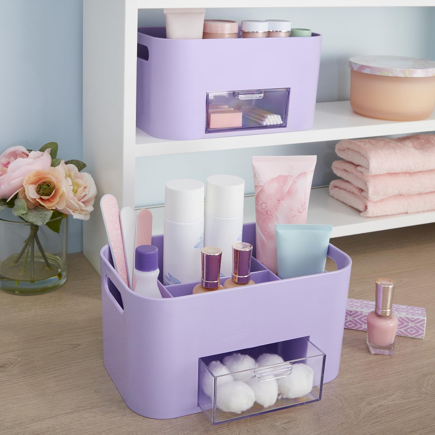 Bliss Lilac Purple Makeup Organizer for Countertop, Divided Bathroom Organizer & Storage Drawer, Makeup Brush Holder, Cosmetic & Nail Polish Organizer, Made in USA