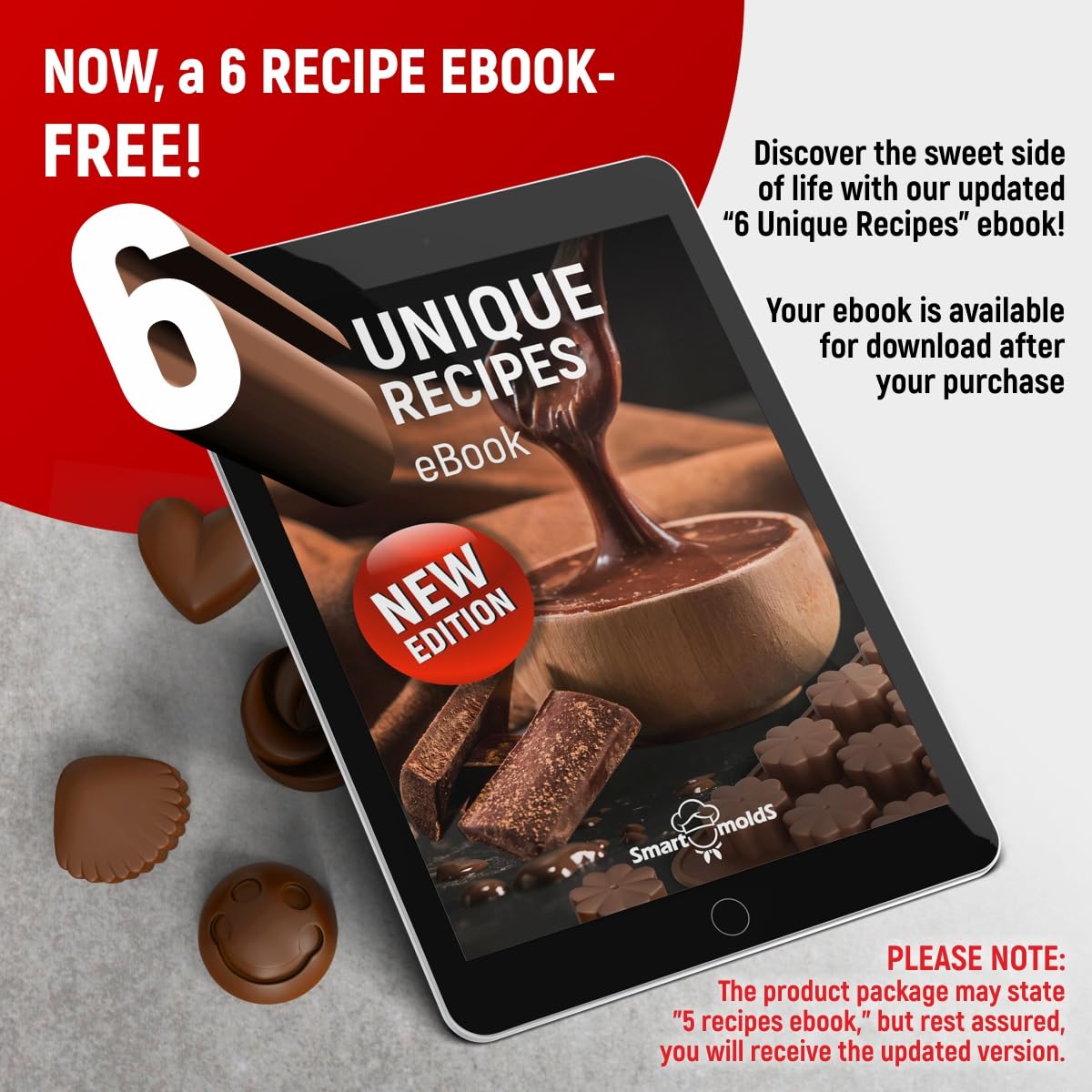 Chocolate Molds Silicone - Set of 6 (with Free Recipes eBook) - Non-Stick & Food Grade Candy Molds for Chocolate, Jelly Candies, Truffles, Bath Melts & Candles - Dishwasher Safe