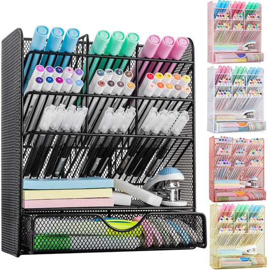 Metal Pen Organizer, Pencil Holder for Desk, Desk Organizer with Drawer for School, Home, Art Supplies (Black)