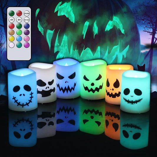 Halloween Flameless Votive Candles Color Changing with Remote Timer, Battery Operated LED Tealight Candles for Halloween Home Decoration Gifts(6 Pack, 1.5” x 2”)(Battery Included)
