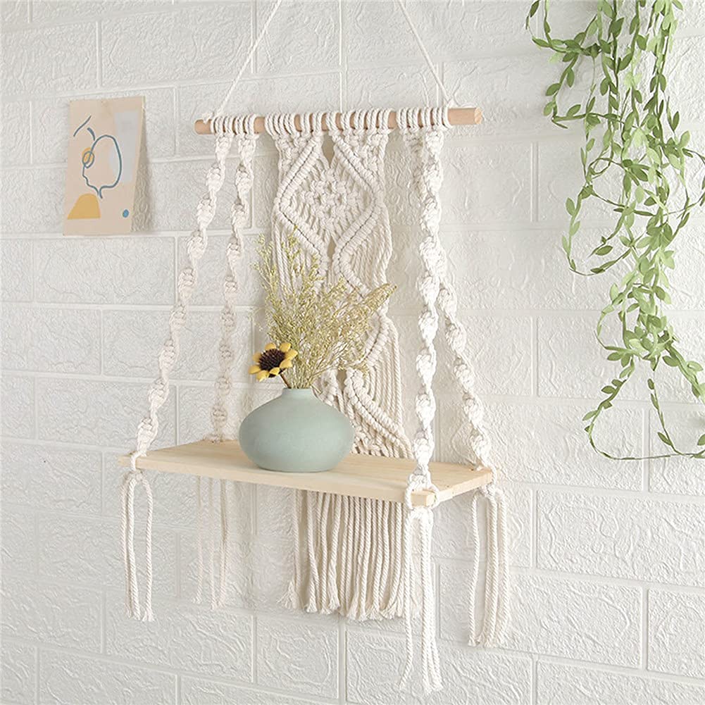 Macrame Wall Hanging Plant Decor Shelf Indoor Outdoor Floating Wood shelve Decorative Hand Made Rope Boho Shelving for Plants
