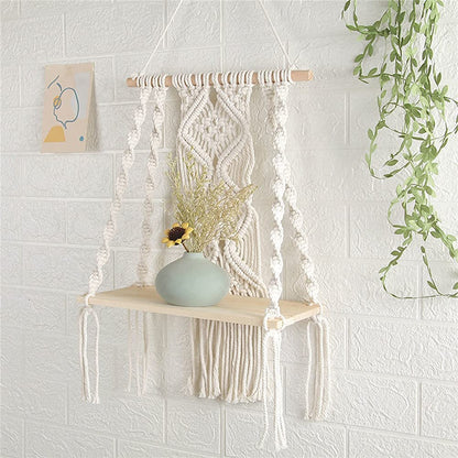 Macrame Wall Hanging Plant Decor Shelf Indoor Outdoor Floating Wood shelve Decorative Hand Made Rope Boho Shelving for Plants