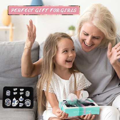 2 Set 1:12 Dollhouse Miniature Porcelain Tea Cup 30 Pieces Mini Flowers Pattern with Golden Trim Teapot Cup Plate Dollhouse Kitchen Accessories (Charming Style)