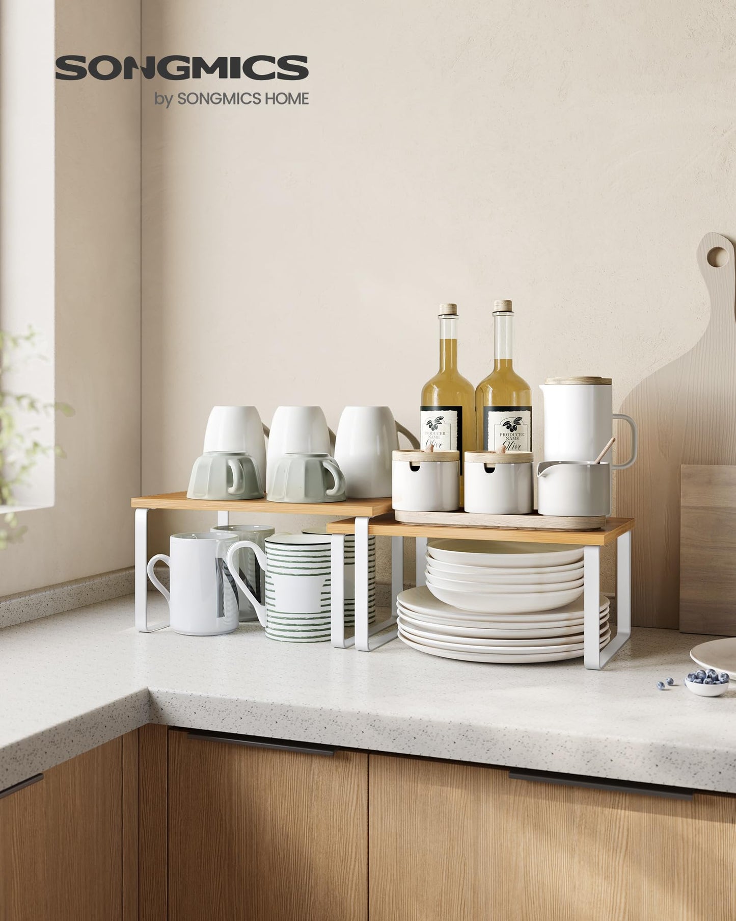 Cabinet Organizer Shelf, Set of 2 Kitchen Counter Shelves, Kitchen Storage, Spice Rack, Stackable, Expandable, Metal and Engineered Wood, Cloud White and Natural Beige UKCS02NW