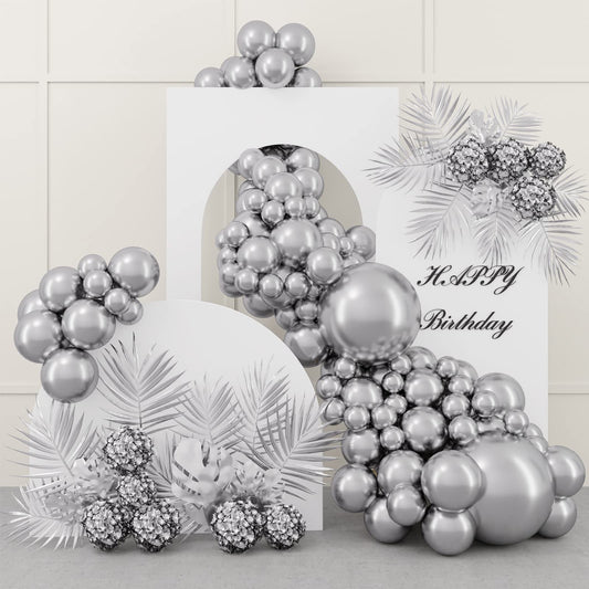 87pcs Silver Balloons Latex Balloons Different Sizes 18 12 10 5 Inch Metallic Silver Chrome Party Balloon Kit for Birthday Party Graduation Baby Shower Wedding Holiday Balloon Decoration