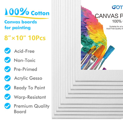Canvas Boards, 8x10 inch Set of 10,Gesso Primed White Blank Canvases for Painting - 100% Cotton Art Supplies Canvas Panel for Acrylic Paint, Pouring, Oil Paint, Watercolor, Gouache