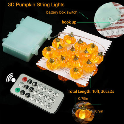 Halloween Lights 3D Jack-o-Lantern 10ft 30 LEDs Pumpkin String Lights Battery Powered Orange Lights for Halloween Party Indoor Fall Outdoor Harvest Thanksgiving Decorations
