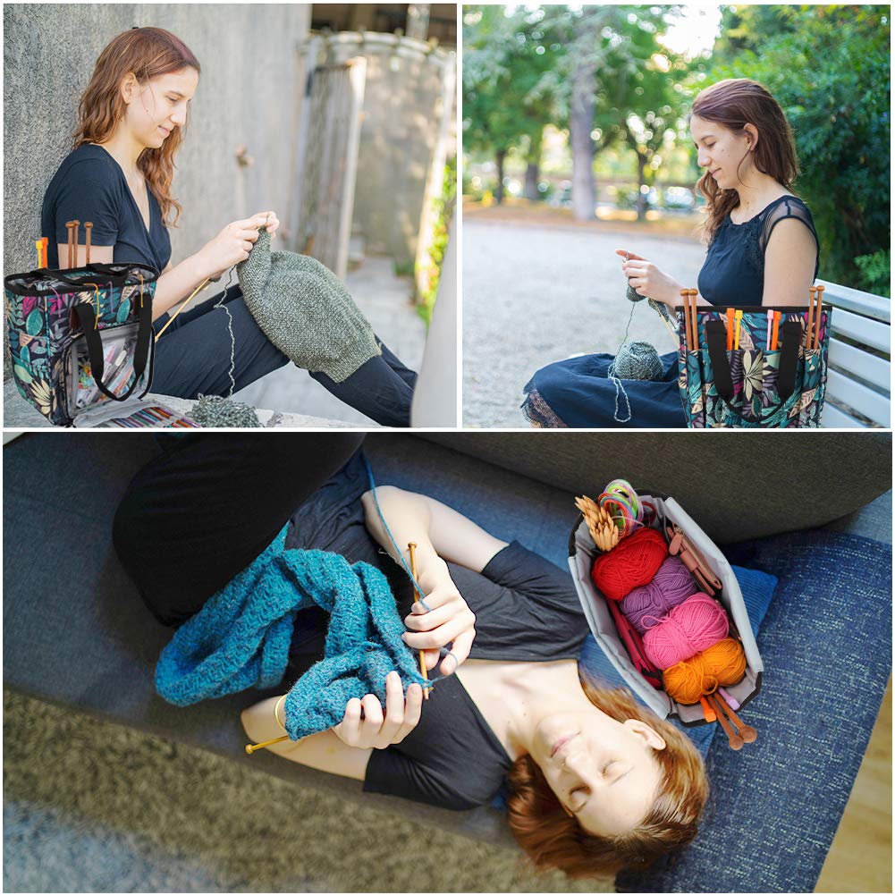 Crochet & Knitting Tote, Traveling Craft Tote Organizer for Hooks, Needles, Skein, Diamond Painting, Supplies (Forest Green)