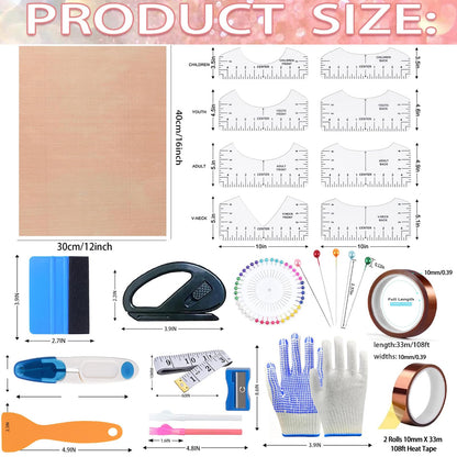 Sublimation Shirts Tool Kits with 8 T Shirt rulers, 3Pack Teflon Sheet for Heat Press 12 x 16in, Heat Resistant Gloves with Silicone Bumps, 2 Rolls Heat Resistant Tape, 2Pcs Sublimation Pencil