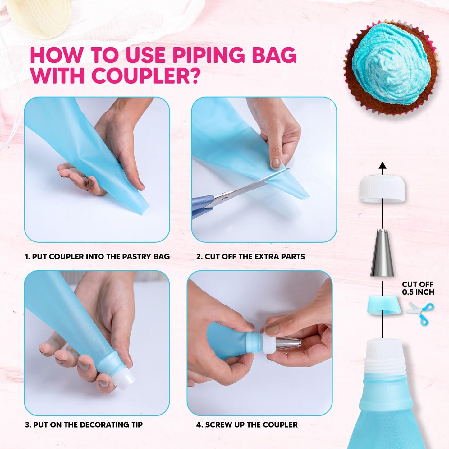 Piping Bags and Tips Set, 11.8 Inch 100 Anti Burst Piping Bags, 124 Pcs Cake Decorating Kit with 16 Piping Tips, 1 Reusable Pastry Bags, 3 Cake Scrapers, 2 Couplers, and 2 Icing Bags Ties