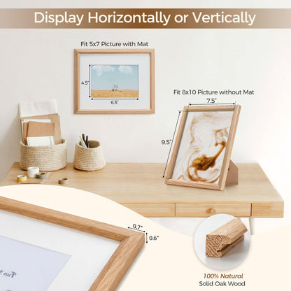8x10 Oak Picture Frame for Wall, 8x10 Frame with Matted to 5x7, Solid Wood Picture Frames for Wall Art Photo and Prints (Beige, 1 Pack)