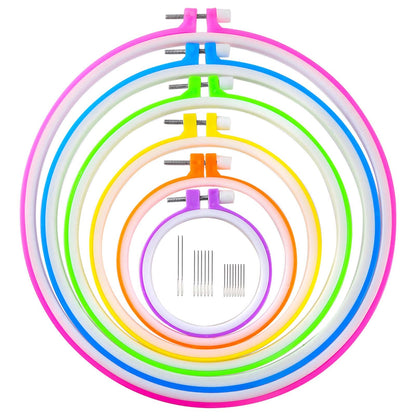 6 Pieces Embroidery Hoops and 15 Needles, Plastic Circle Cross Stitch Hoop Ring Embroidery Circle Set, 3.4 inch to 10.4 inch (Multicolor)