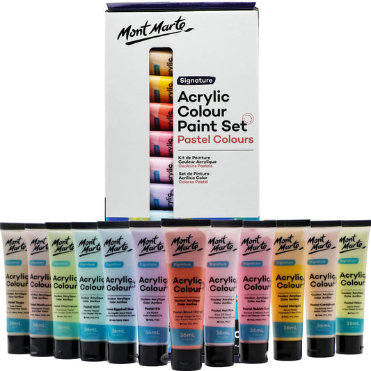 Acrylic Colour Pastel Paint Set Signature 12pc x 36ml (1.2 US fl.oz), Creamy Pastel Acrylic Paint Set, Good Coverage, Semi-Matte Finish, Ideal For Most Art and Craft Surfaces.