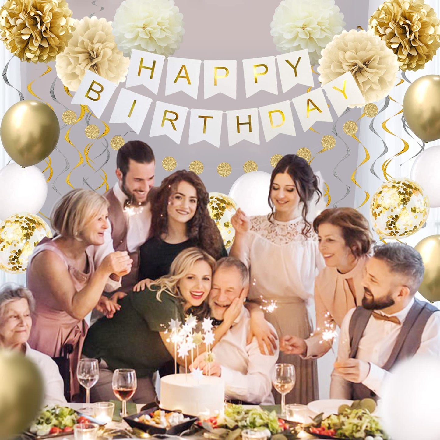 Gold Party Decorations, Happy Birthday Banner - 16th 18th 21th 30th 40th 50th 60th 70th Gold White Supplies Balloons