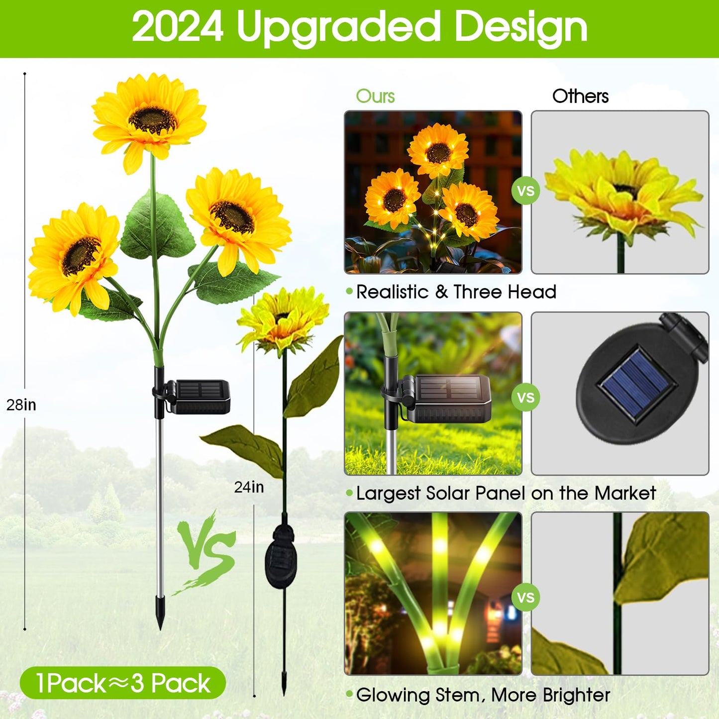 Solar Lights Outdoor Garden Decor - Upgraded 3 Pack with 9 Sunflower Lights, Waterproof Solar Outdoor Lights Auto ON/Off Solar Decorative Lights for Garden, Patio, Backyard