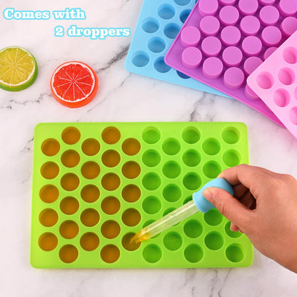 Round Candy Molds Silicone, 220 Cavities Mini Cylinder Molds for Chocolate, Hard Candy, Gummy, Ganache, Ice Cubes, Set of 4 with 2 Droppers