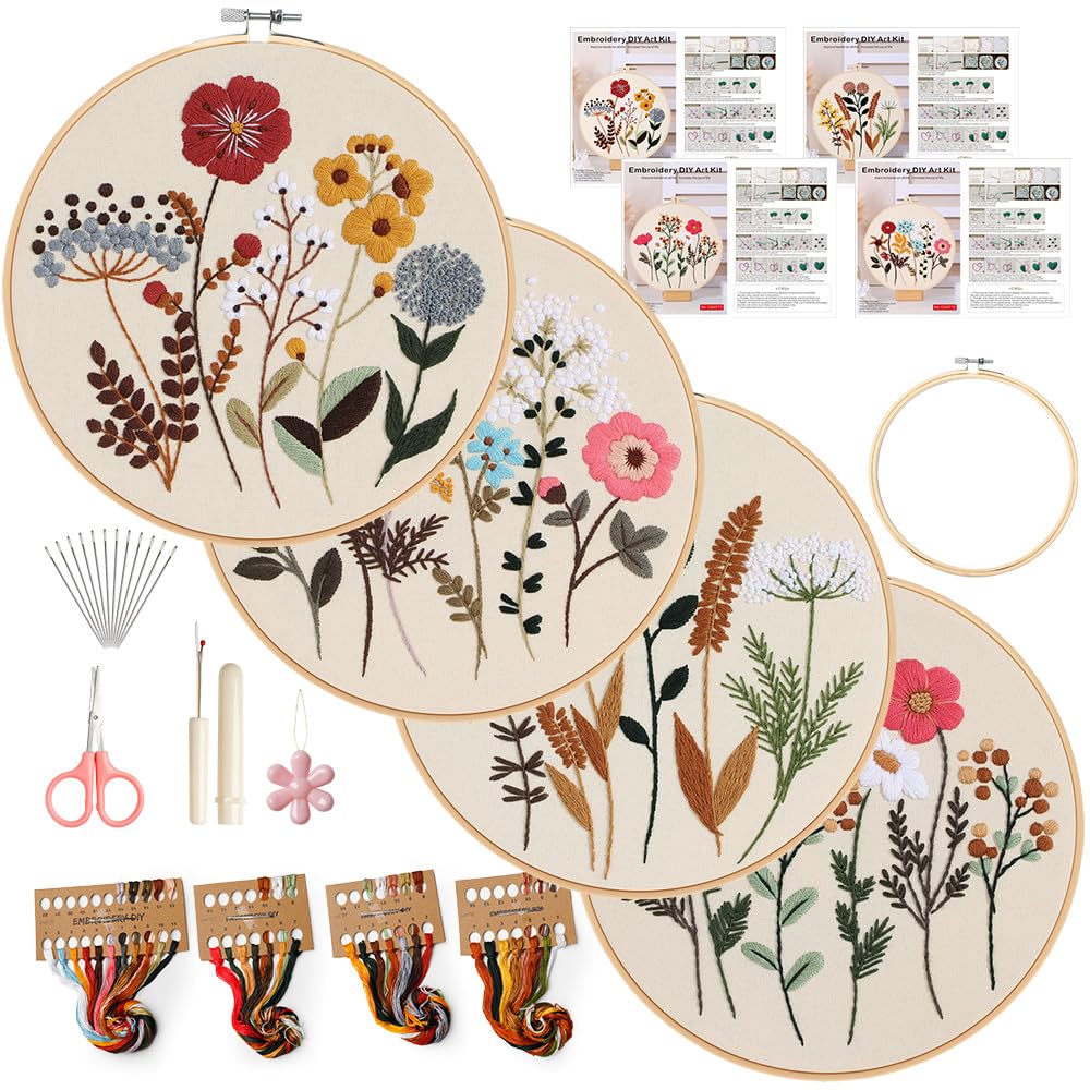 Embroidery Kit, 4 Sets Cross Stitch Kits for Beginners with Stamped Flower Pattern, Starter Kits for Adults Hand Craft Lover with Embroidery Hoop, Instructions and Threads