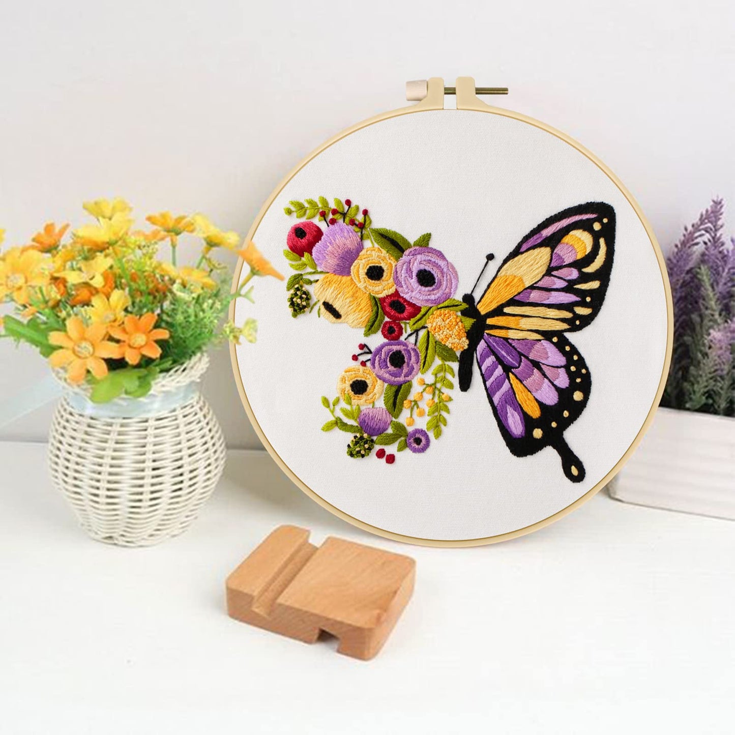 3 Sets Butterfly Embroidery Kit for Beginners Adults, Stamped Cross Stitch Kits for Beginners Include Embroidery Fabric Embroidery Hoop Threads and Needles