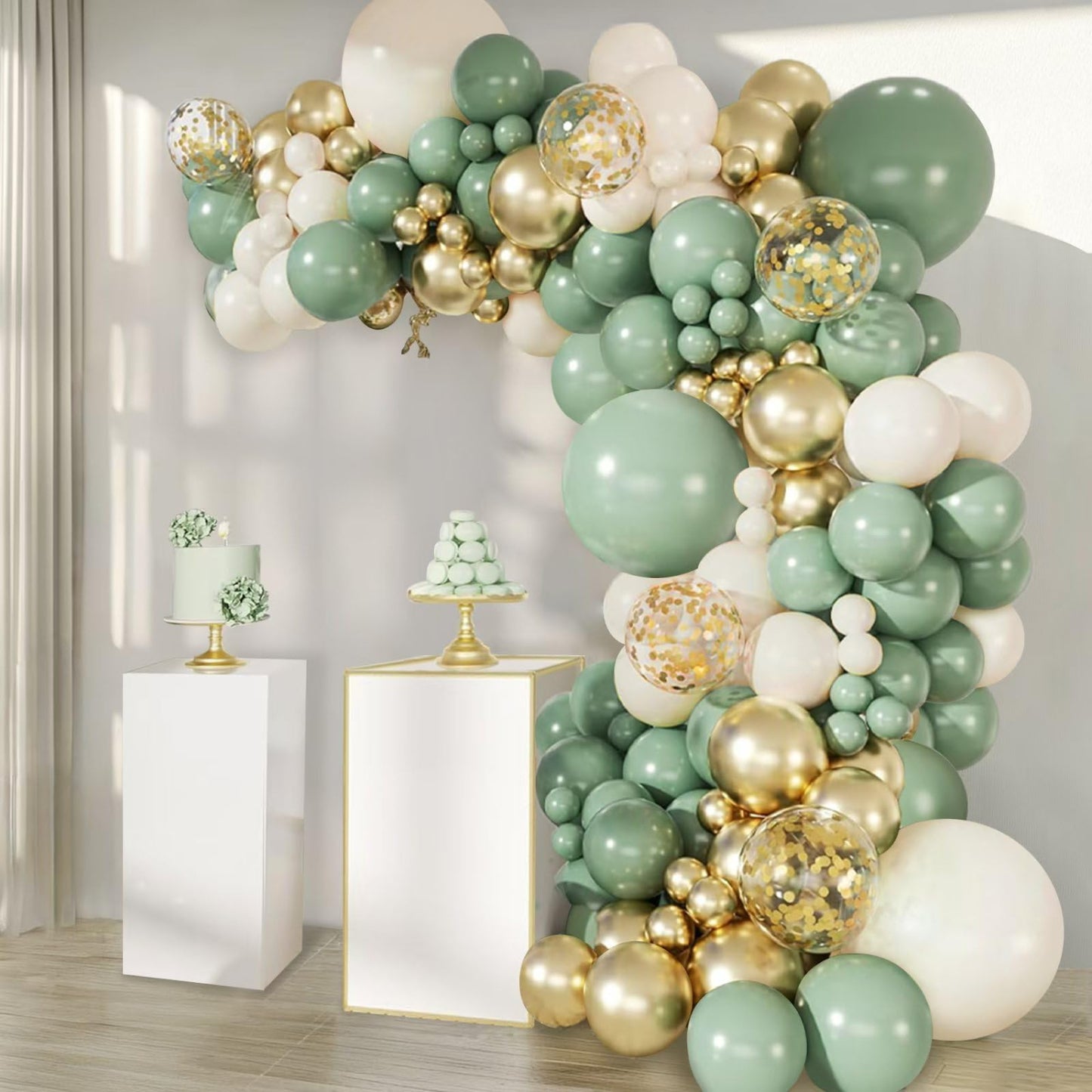 Sage Green Balloons Arch Kit, Green And Gold Balloons White Sand Olive Confetti Balloons Arch for Birthday Baby Shower Bridal Shower Engagement Baptism Wild One Party Decorations