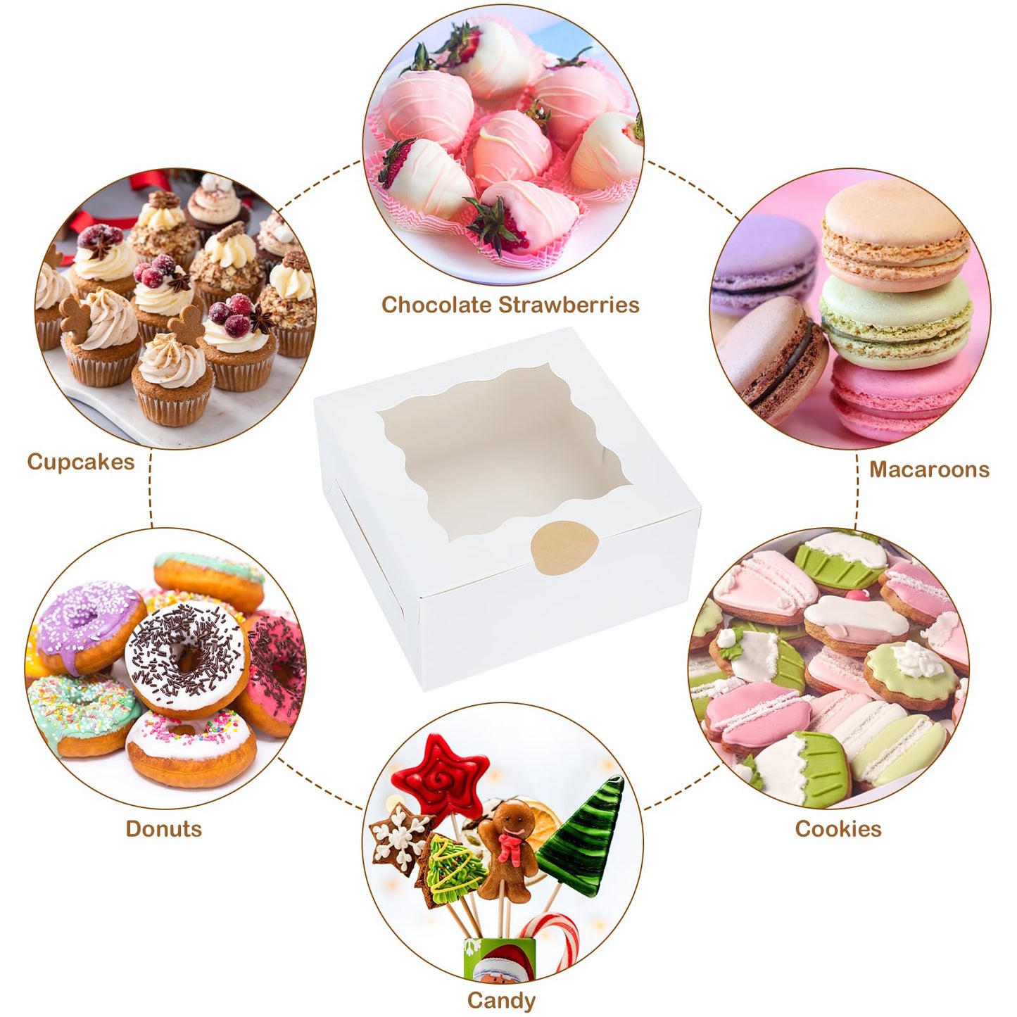30 Pcs White Bakery Boxes with Window, 6 X 6 X 3 Inches, White Paperboard Treat Boxes for Cookies, Pastry, Cookies, Strawberries, Macarons