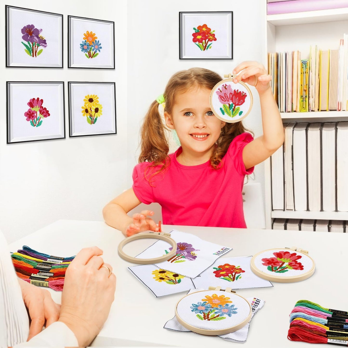 6PCS Spring Summer Themed Flower Cross Stitch Kits for Beginners DIY Embroidery Kit for Kids Adults Mother's Day Gift Birthday Gift Needlepoint Patterns with 2 Embroidery Hoops Craft Supplies