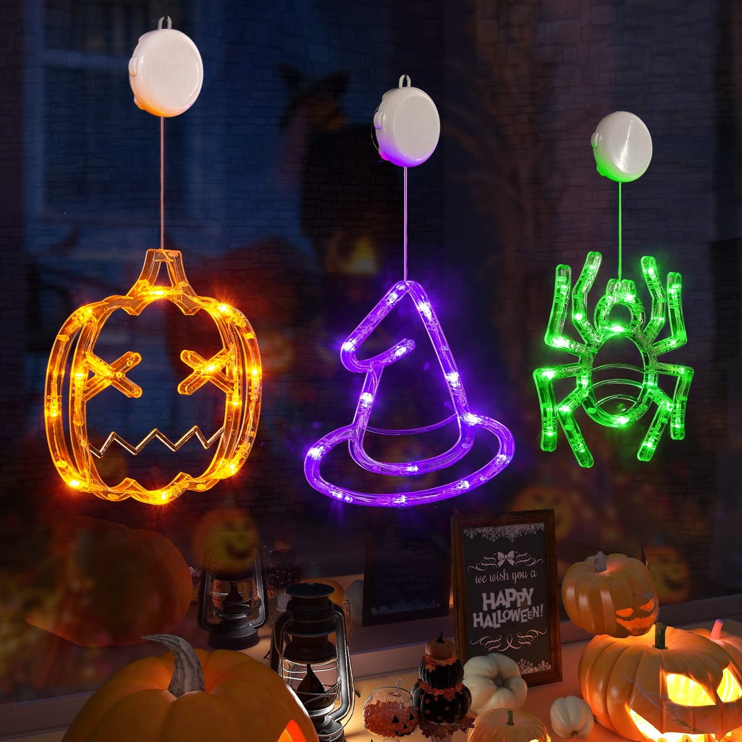 Halloween Decorations 3 Pack - Orange Pumpkin, Green Spider, Purple Witch Hat Window Lights With Suction Cup - Battery Operated, Upgrade Slow Fade Mode, Timer Function