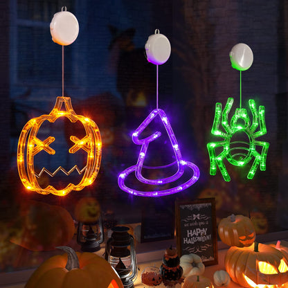 Halloween Decorations 3 Pack - Orange Pumpkin, Green Spider, Purple Witch Hat Window Lights With Suction Cup - Battery Operated, Upgrade Slow Fade Mode, Timer Function