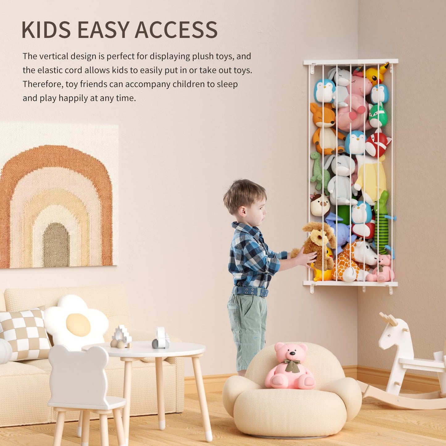 Stuffed Animal Storage Toy Organizer(Patented) - Corner Stuffed Animal Holder Length Adjustable - Wall Hanging Stuffed Animal Net Plush Storage for Nursery Playroom Bedroom Kids Room Decro(White)