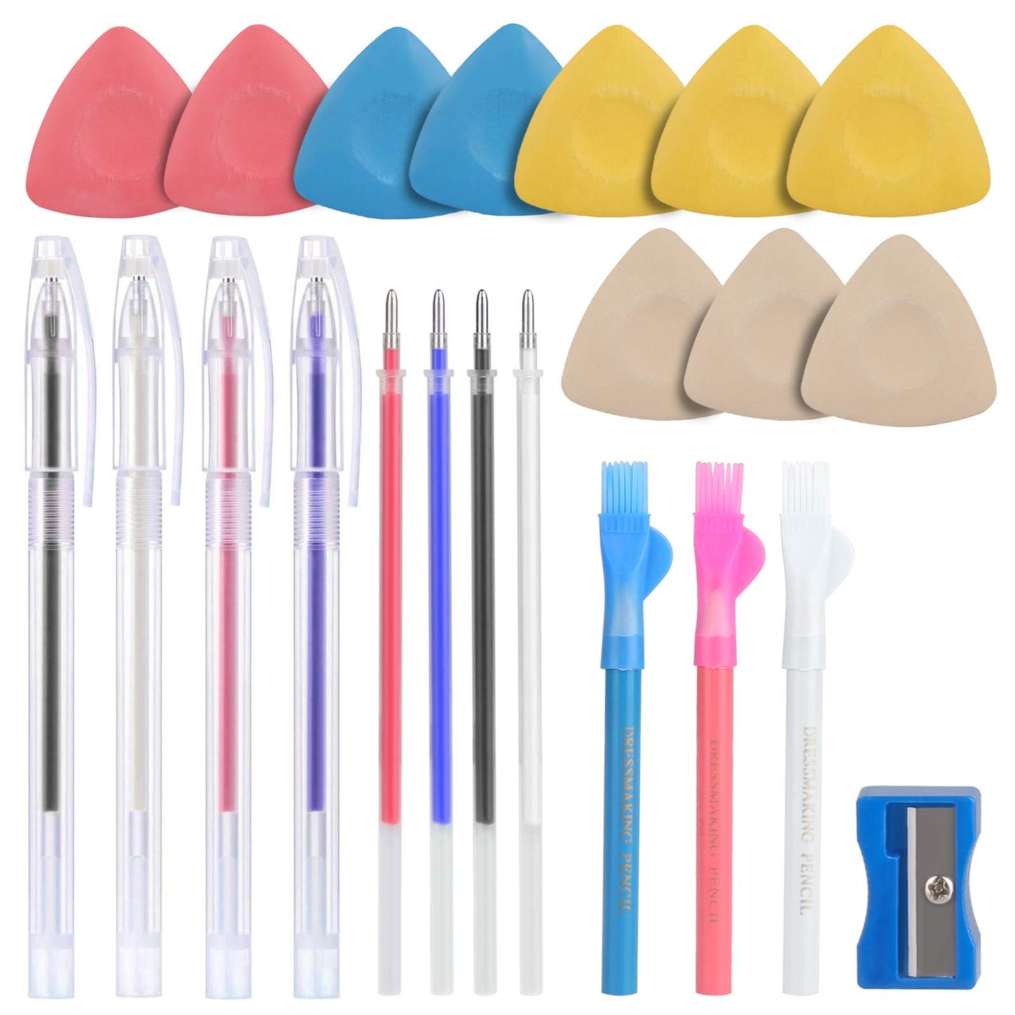Tailors Chalk & Fabric Markers for Quilting - 10PCS Tailor's Chalk, 4PCS Heat Erasable Pens with 4 Refills, 3 PCS Sewing Fabric Pencils