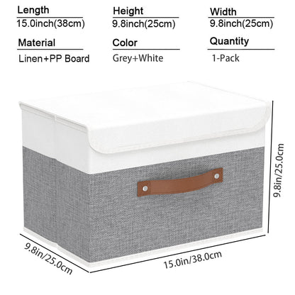 Storage Boxes with Lids, Linen Fabric Bin, Cube Organizer Basket, Washable and Leather Handle, for Home, Closet, White/Grey, 15.0''Lx9.8''Wx9.8''H, 1-Pack, USNK024WGL-1