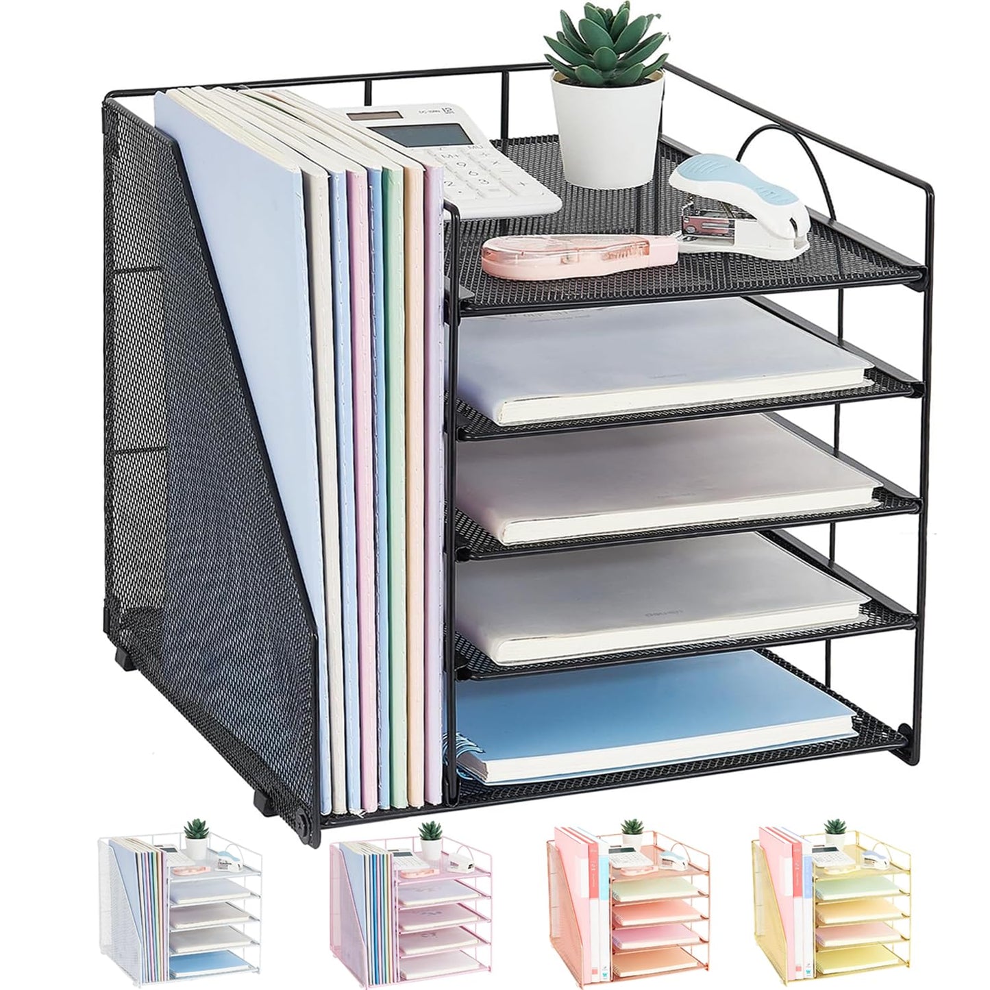 Desk Organizers and Accessories, 5-Tier Paper Letter Tray Organizer with File Holder, Desktop Organizer for Office Supplies (Black)