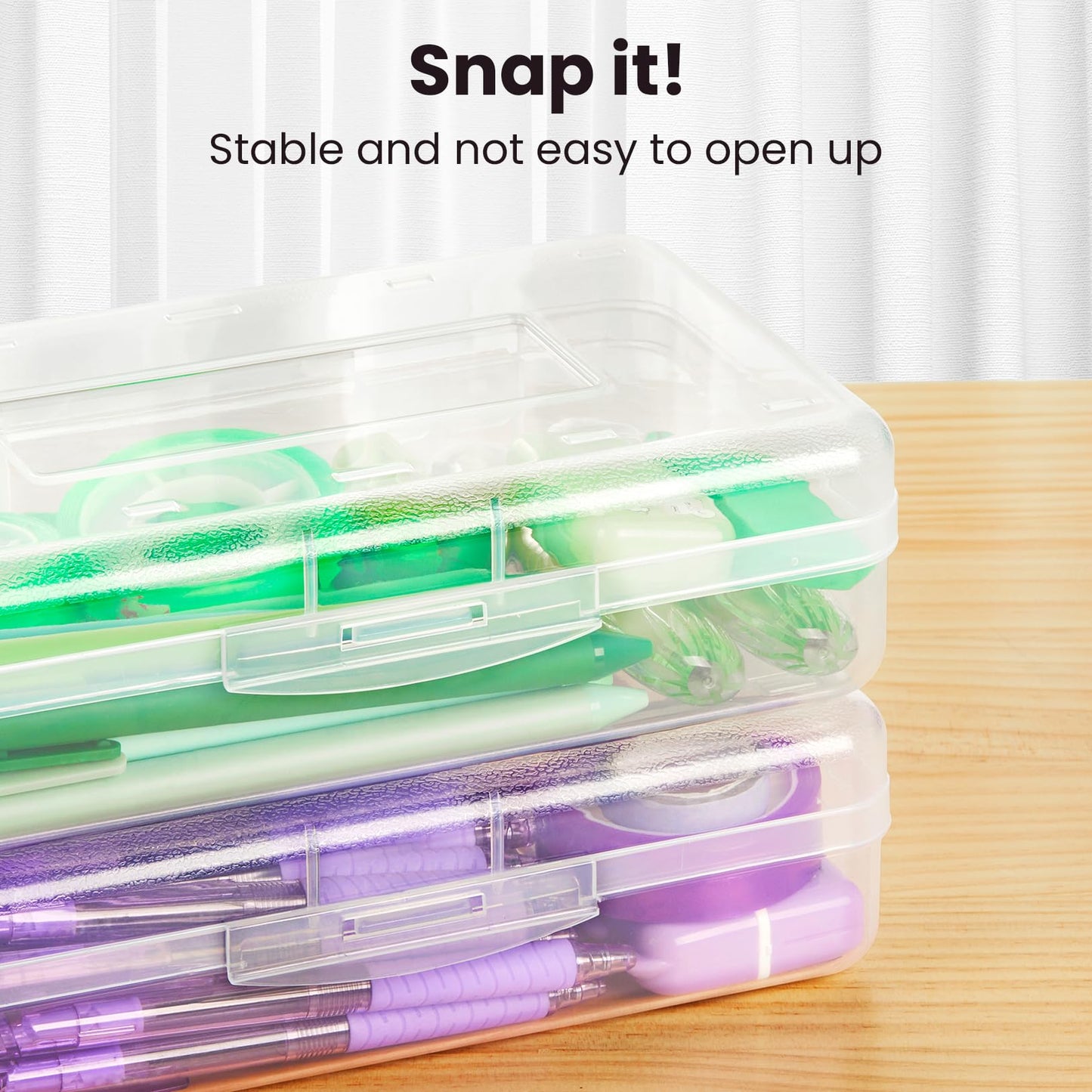 Plastic Pencil Case Box 6 Pack, Large Crayon Maker Pen Organizer, Plastic Containers with Snap Lids, Stackable Craft Storage Boxes Bulk, School Supplies Art Box for Bead, Clear