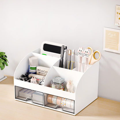Desk Organizer with 6 Compartments and 2 Drawers, Plastic Makeup Organizer, Pen Holder for Desktop Storage, Desk Organization for School, Home, Office Supplies (White)