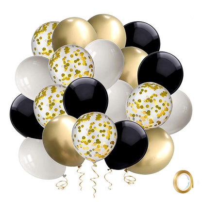 Black and Gold Confetti Balloons, 50 Pack 12inch White Latex Party Balloon Set with Gold Ribbon for New Year Graduation Birthday Baby Shower Decorations